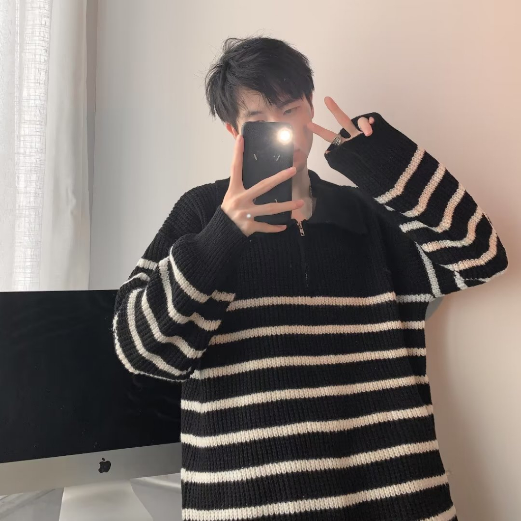 Áo sweater Tay Dài Dáng Rộng Họa Tiết Kẻ Sọc Phong Cách Hàn Quốc Thời Trang Cho Nam