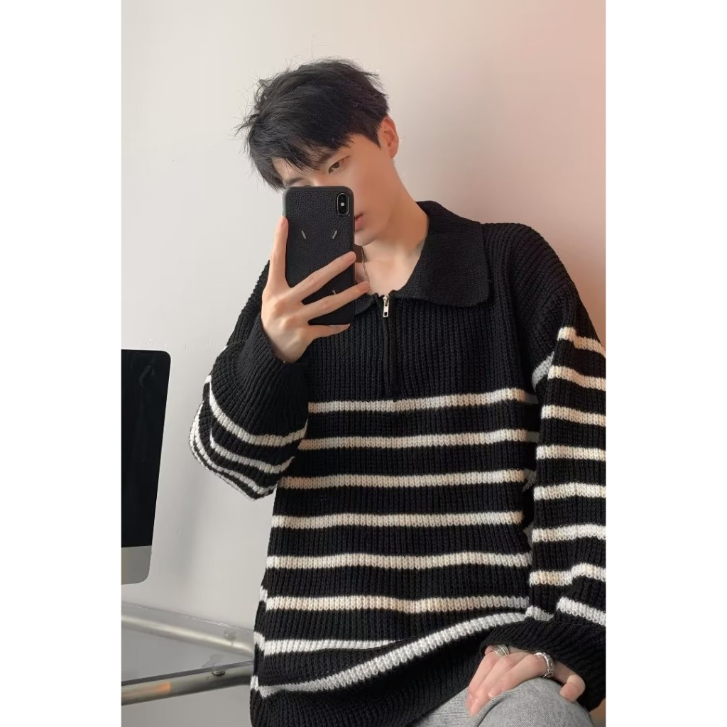 Áo sweater Tay Dài Dáng Rộng Họa Tiết Kẻ Sọc Phong Cách Hàn Quốc Thời Trang Cho Nam