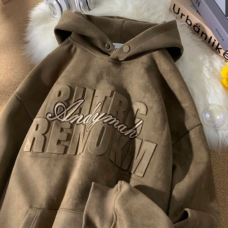 Áo Khoác Hoodie Da Lộn Phối Nút In Chữ Màu Trơn Thời Trang Xuân Thu Cho Nam