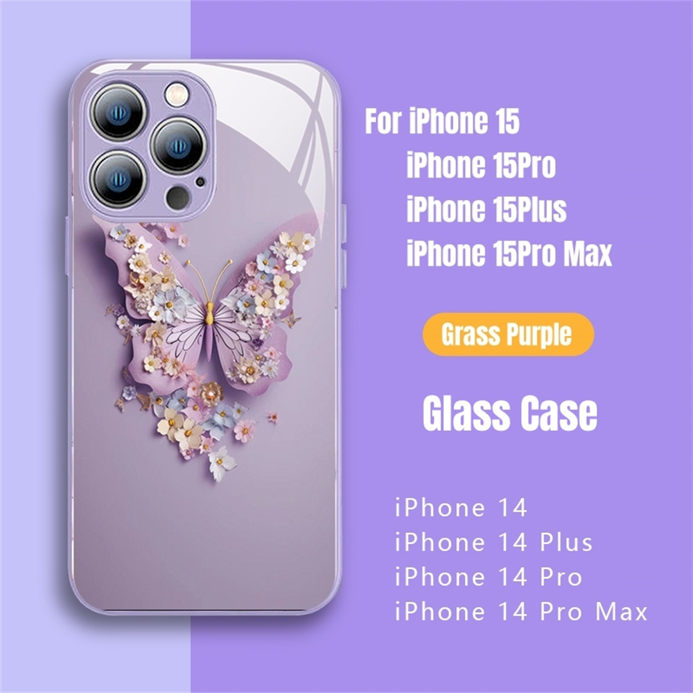 Ốp Điện Thoại Mặt Kính In Hình Bướm Cho iphone 15 pro max 14pro max