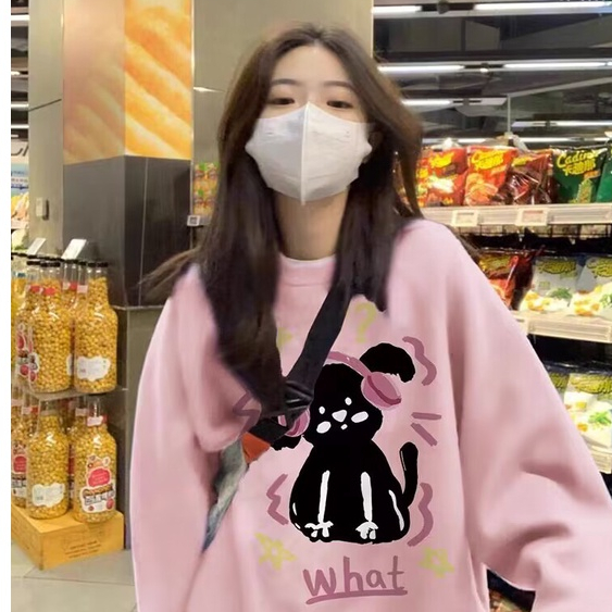 Newmine⭐Áo sweater Áo nỉ dài tay Áo Thun Nỉ Tay Dài Cổ Tròn Dáng Rộng In Hình Cô Gái Phong Cách Thời Trang