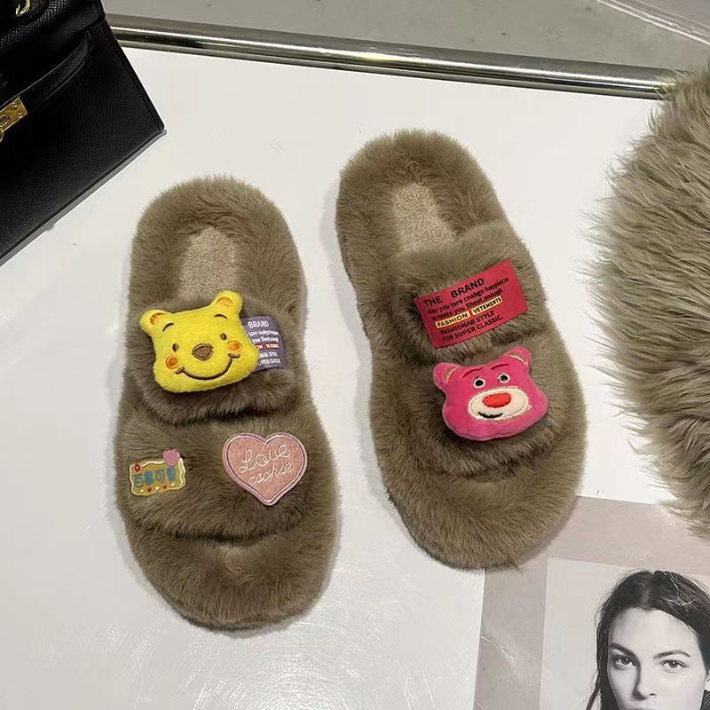 Dép lông Dép lê gấu dâu tây đáng yêu nữ mùa thu đông mẫu mới