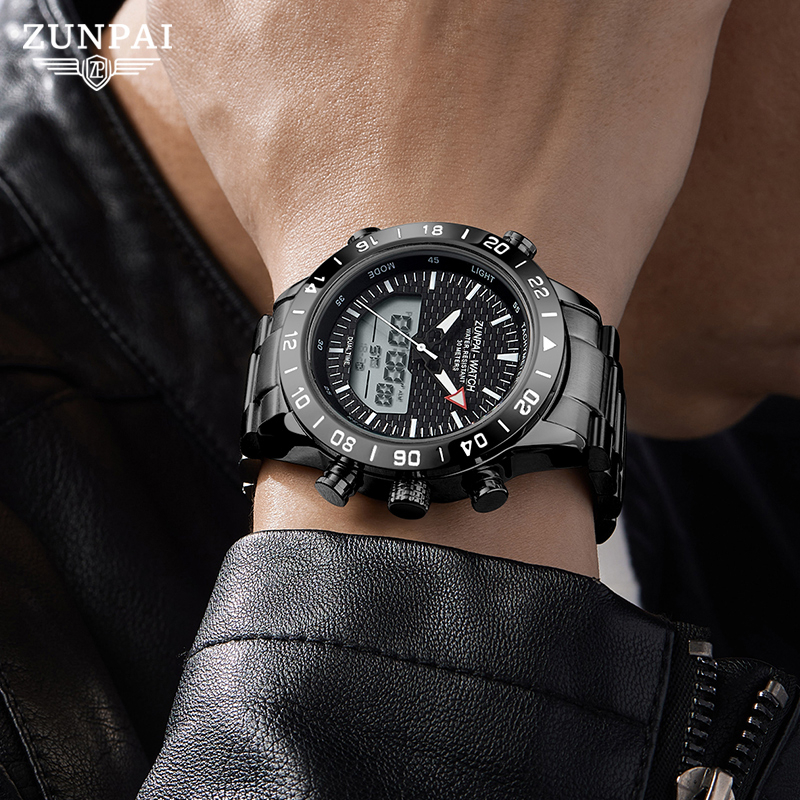 WISHDOIT Đồng hồ nam gốc Chống Nước Quartz Màn hình kép LED tương tự Ba Mắt Đa Năng Dây Thép Không Gỉ Thời Trang Thể Thao Cho Nam mặt ZP-6650