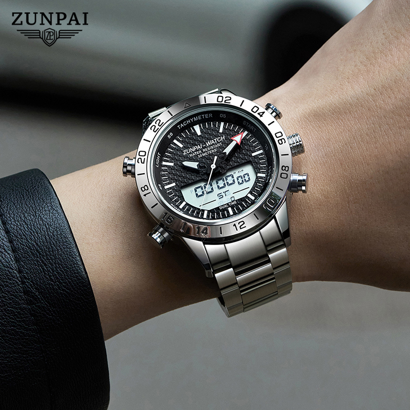 WISHDOIT Đồng hồ nam gốc Chống Nước Quartz Màn hình kép LED tương tự Ba Mắt Đa Năng Dây Thép Không Gỉ Thời Trang Thể Thao Cho Nam mặt ZP-6650