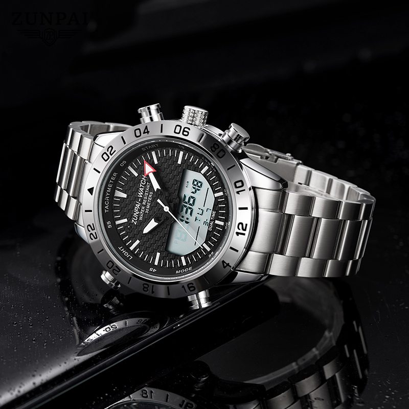 WISHDOIT Đồng hồ nam gốc Chống Nước Quartz Màn hình kép LED tương tự Ba Mắt Đa Năng Dây Thép Không Gỉ Thời Trang Thể Thao Cho Nam mặt ZP-6650