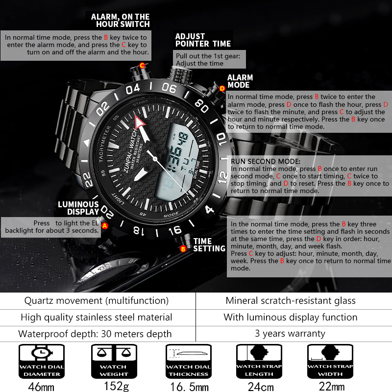 WISHDOIT Đồng hồ nam gốc Chống Nước Quartz Màn hình kép LED tương tự Ba Mắt Đa Năng Dây Thép Không Gỉ Thời Trang Thể Thao Cho Nam mặt ZP-6650