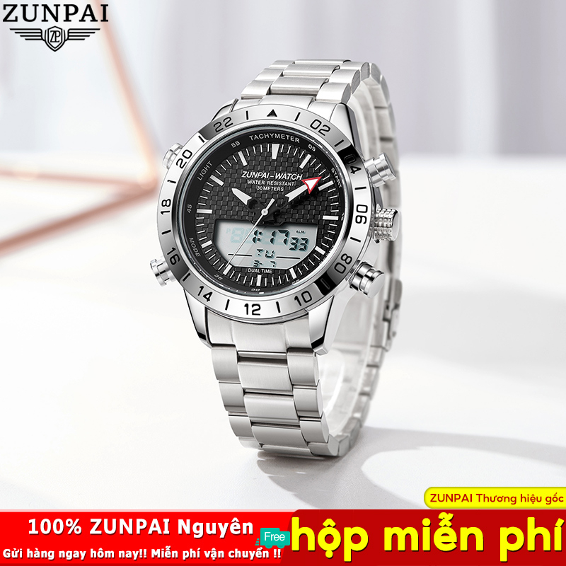 WISHDOIT Đồng hồ nam gốc Chống Nước Quartz Màn hình kép LED tương tự Ba Mắt Đa Năng Dây Thép Không Gỉ Thời Trang Thể Thao Cho Nam mặt ZP-6650