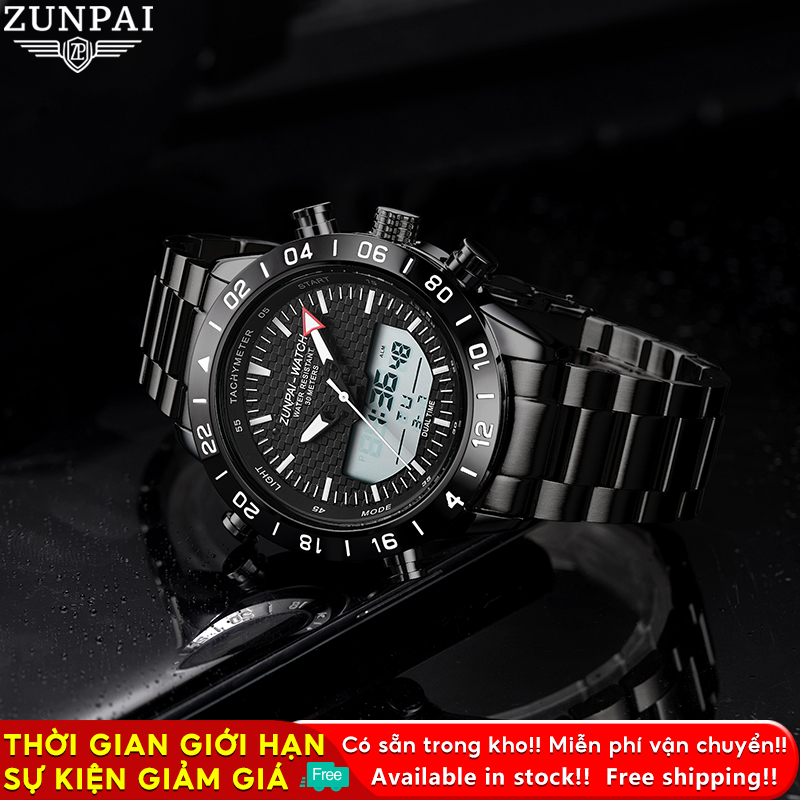 WISHDOIT Đồng hồ nam gốc Chống Nước Quartz Màn hình kép LED tương tự Ba Mắt Đa Năng Dây Thép Không Gỉ Thời Trang Thể Thao Cho Nam mặt ZP-6650