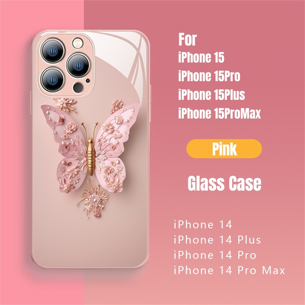 Ốp Điện Thoại Mặt Kính In Hình Bướm Cho iphone 15 pro max 14pro max