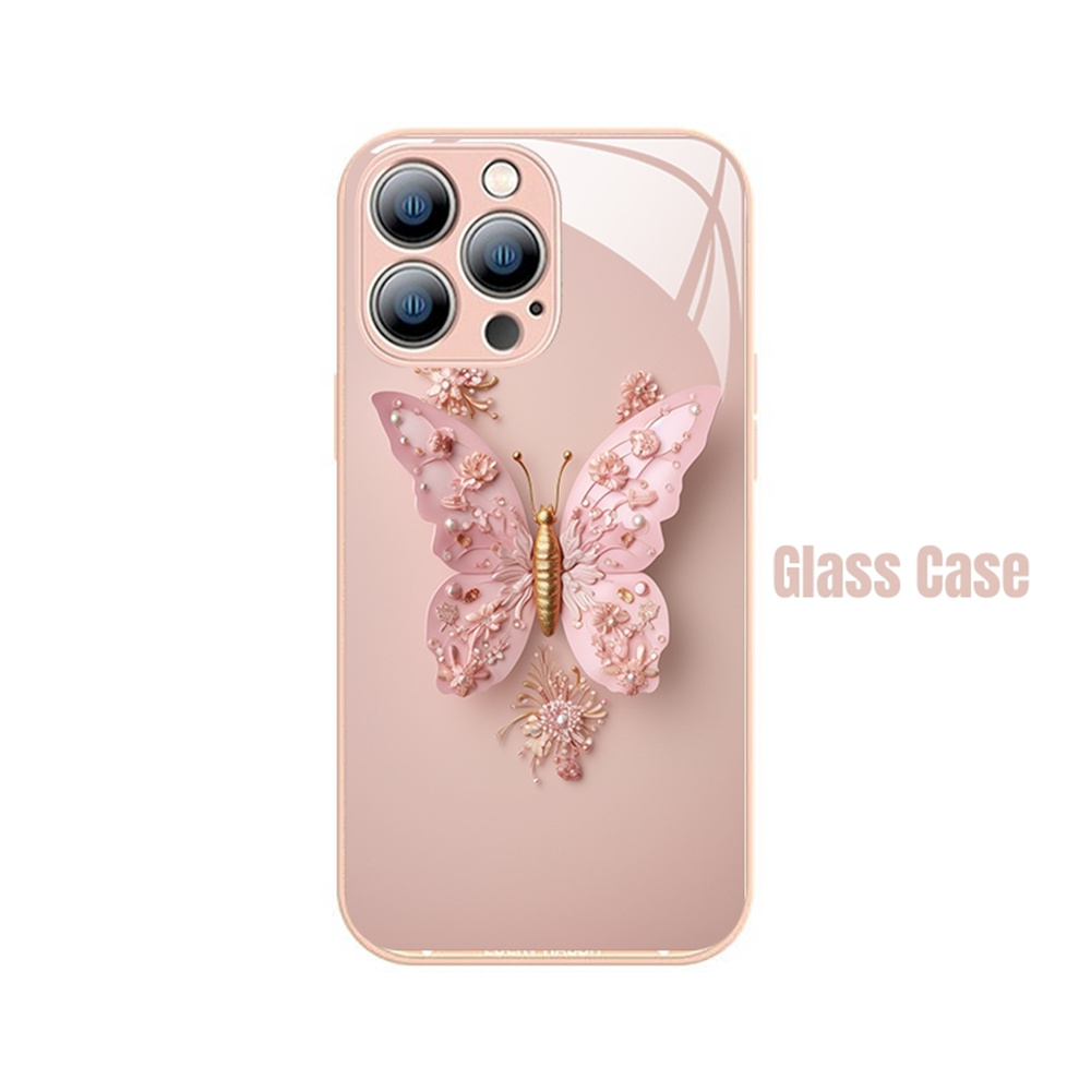 Ốp Điện Thoại Mặt Kính In Hình Bướm Cho iphone 15 pro max 14pro max