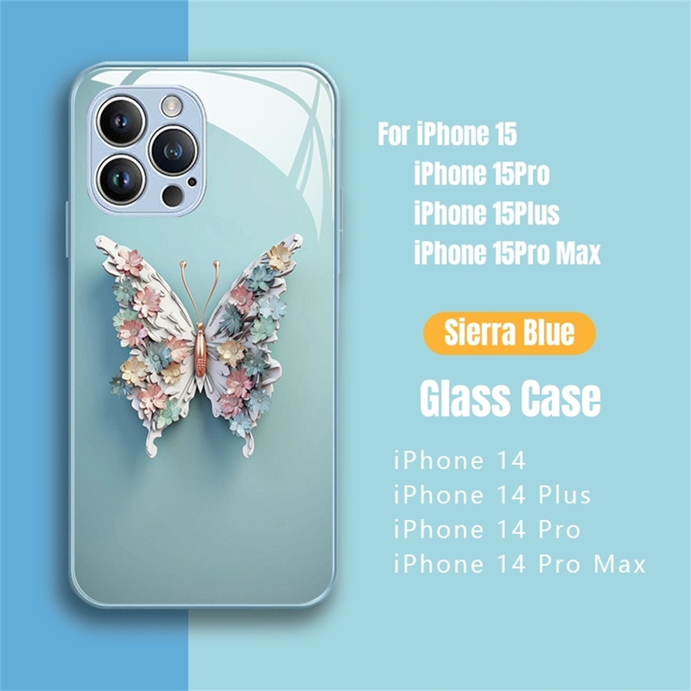 Ốp Điện Thoại Mặt Kính In Hình Bướm Cho iphone 15 pro max 14pro max