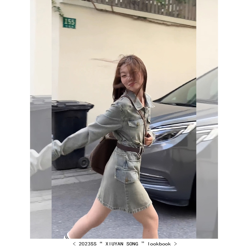 Đầm denim Dài Ôm Eo Phong Cách retro Mỹ Cho Nữ