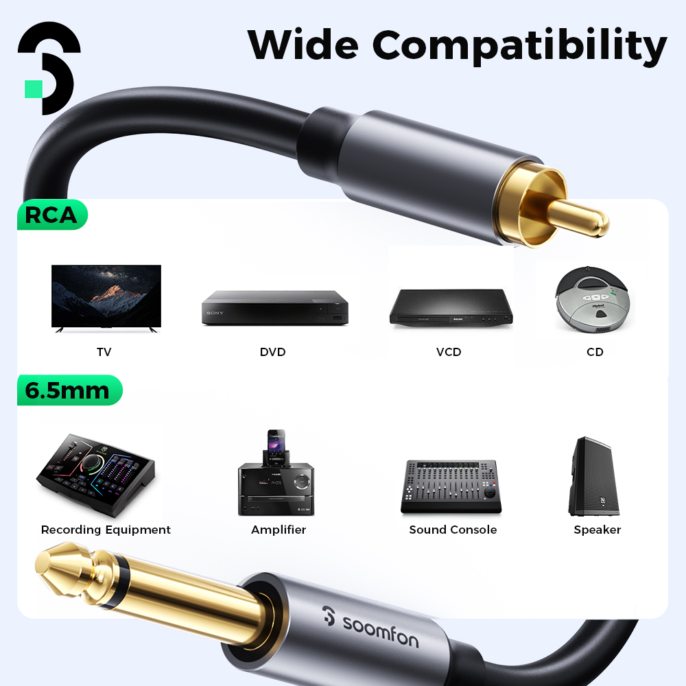 Soomfon Cáp Chuyển Đổi 6.35mm Sang 2 rca 1 / 4 inch ts Chuyên Dụng Cho Máy Trộn / Loa tv