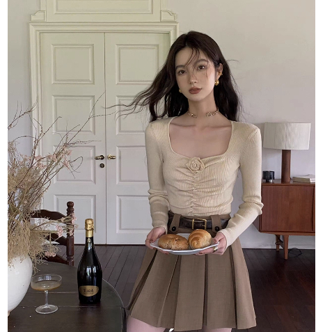 Honypove Áo sweater Dệt Kim Tay Dài Cổ Vuông Xếp Ly In Họa Tiết Hoa Nhí Xinh Xắn Thời Trang Cho Nữ
