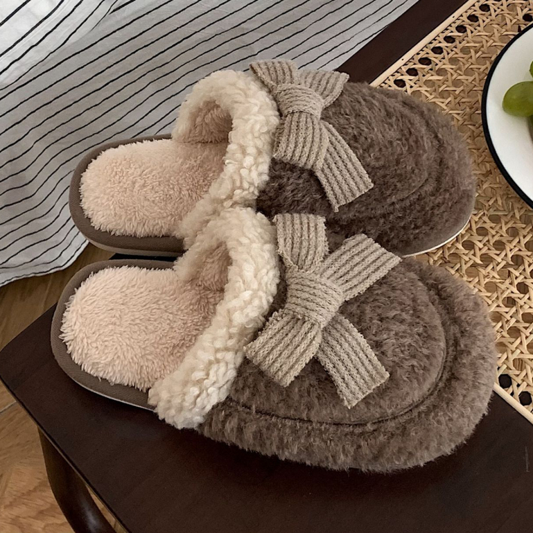 One more shoes⭐Dép Bông Đi Trong Nhà Chống Trượt Đính Nơ Thời Trang Thu Đông Cho Cặp Đôi