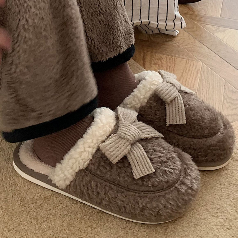 One more shoes⭐Dép Bông Đi Trong Nhà Chống Trượt Đính Nơ Thời Trang Thu Đông Cho Cặp Đôi