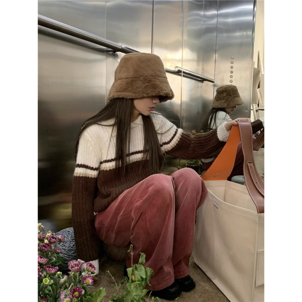 Honypove Áo Len Màu Tương Phản Kiểu Dáng Đơn Giản Hợp Thời Trang