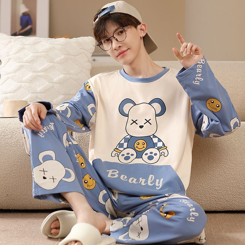 Bộ Đồ Ngủ cotton Tay Dài In Hoạt Hình 2023 12-18 Tuổi Phong Cách Hàn Quốc Cho Nam