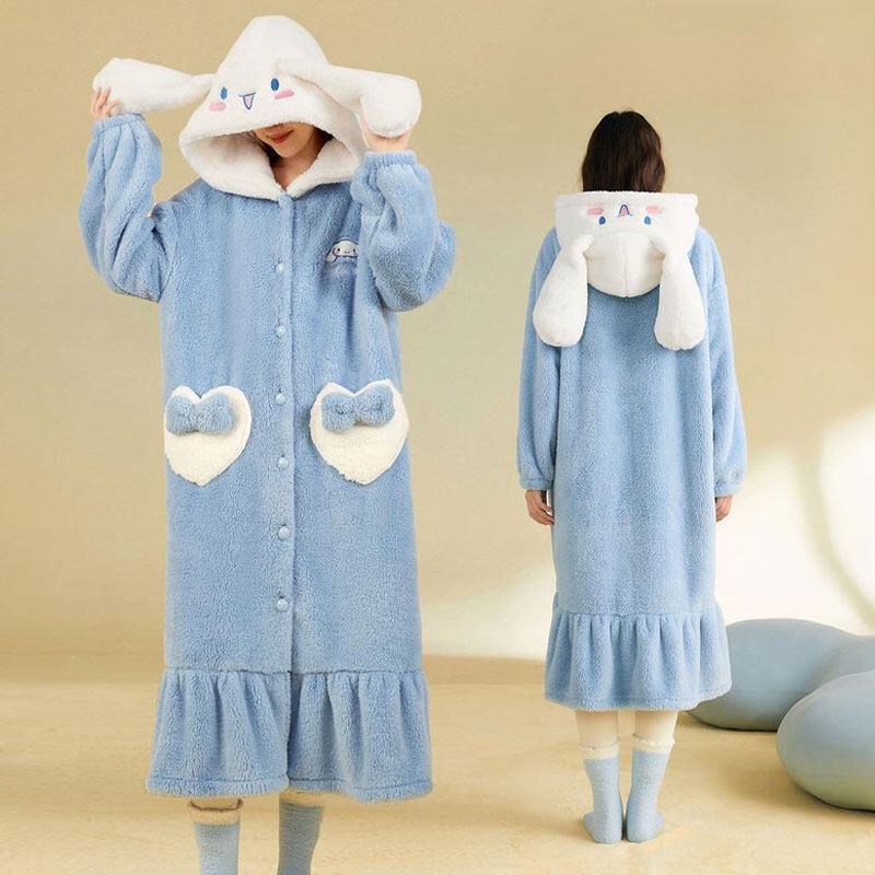 YAMI Bộ Đồ Ngủ vải lông cừu san hô hoạt hình Dễ thương đồ mặc nhà Gấu dâu Áo choàng ngủ nữ