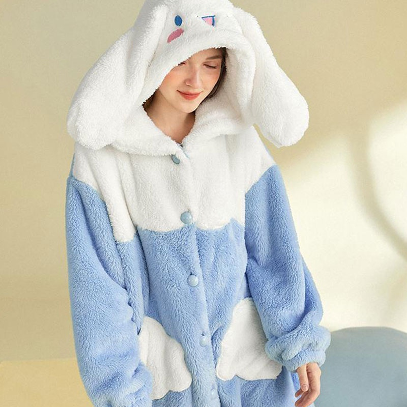YAMI Bộ Đồ Ngủ vải lông cừu san hô hoạt hình Dễ thương đồ mặc nhà Gấu dâu Áo choàng ngủ nữ