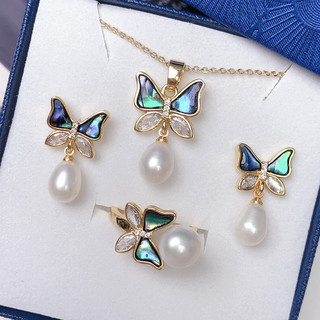 Set vòng cổ + nhẫn + bông tai bướm đính ngọc trai tự nhiên