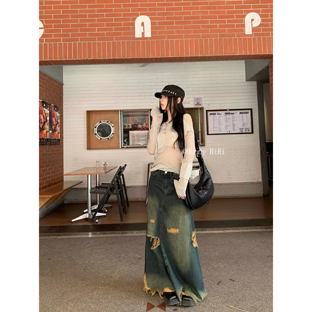 Honypove Mỹ retro sờn rách váy denim phụ nữ mùa hè eo cao thon gọn hơn nhìn a-line váy dài