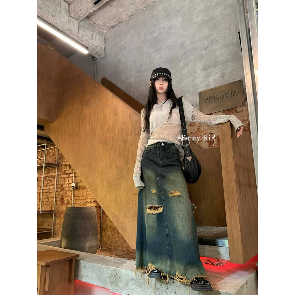 Honypove Mỹ retro sờn rách váy denim phụ nữ mùa hè eo cao thon gọn hơn nhìn a-line váy dài