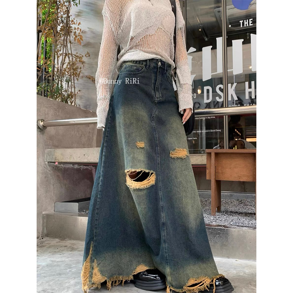 Honypove Mỹ retro sờn rách váy denim phụ nữ mùa hè eo cao thon gọn hơn nhìn a-line váy dài