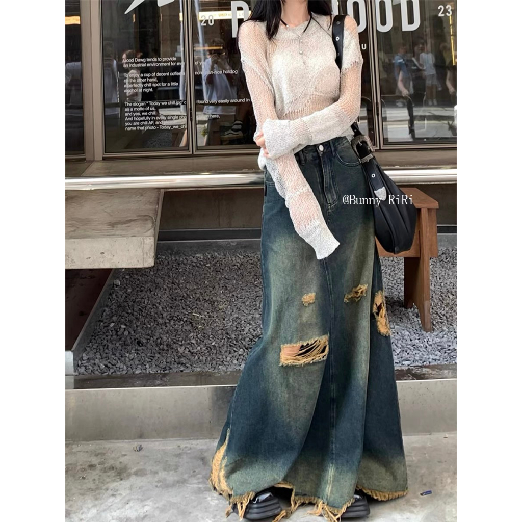 Honypove Mỹ retro sờn rách váy denim phụ nữ mùa hè eo cao thon gọn hơn nhìn a-line váy dài