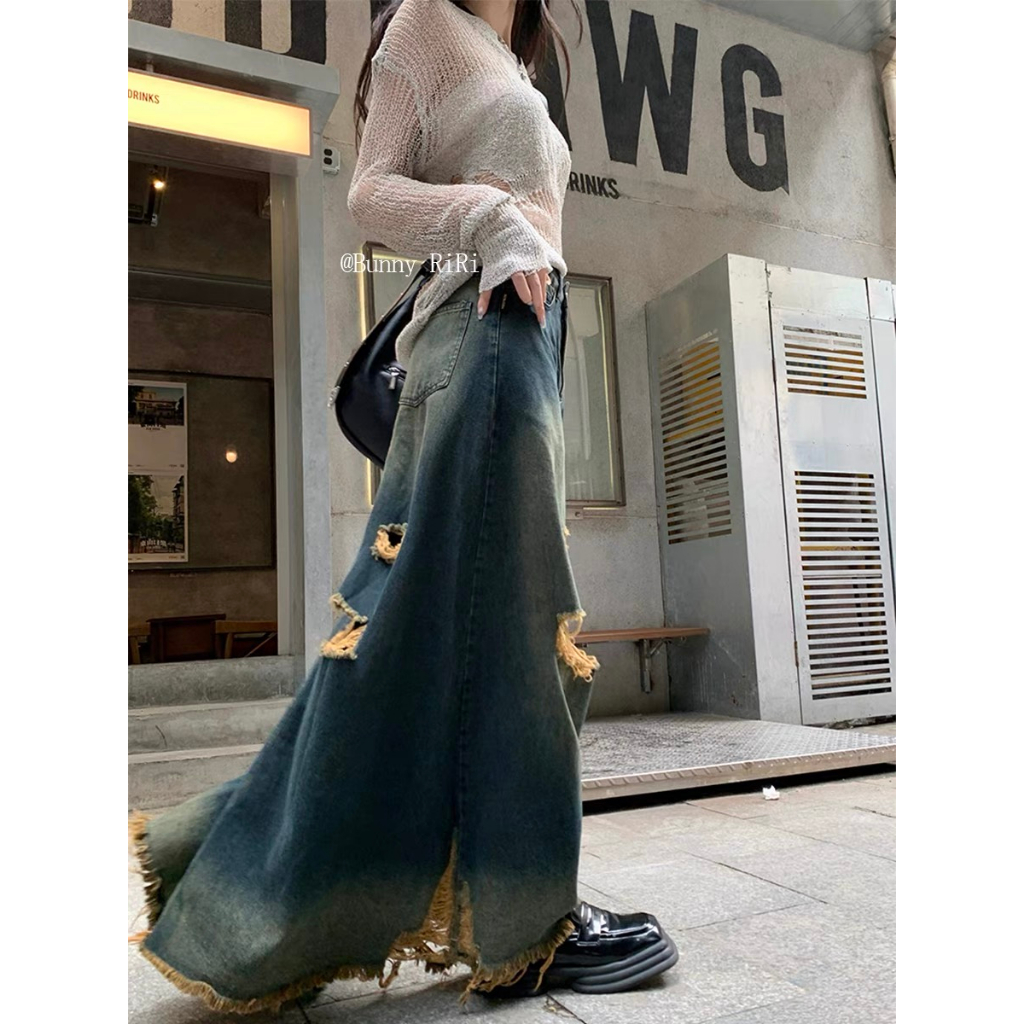 Honypove Mỹ retro sờn rách váy denim phụ nữ mùa hè eo cao thon gọn hơn nhìn a-line váy dài