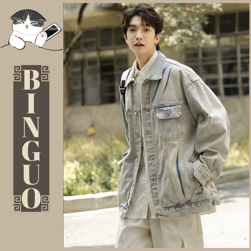 Áo Khoác denim Tay Dài Có Khóa Kéo Thời Trang Đường Phố Mỹ In hoa văn cá nhân Áo Khoác jean Nhật Bản Chất Lượng Cao Lỏng lẻo và giản dị Áo Khoác bigsize