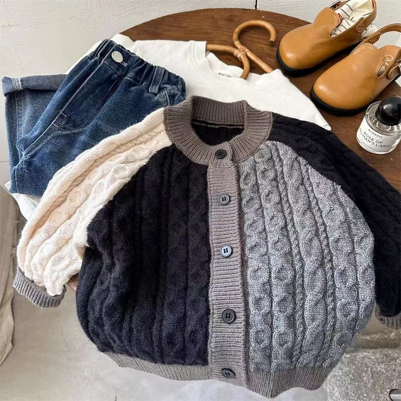 Áo Khoác cardigan Dệt Kim Màu Sắc Tương Phản Phong Cách Hàn Quốc Thời Trang Mùa Thu Cho Bé Trai Và Gái