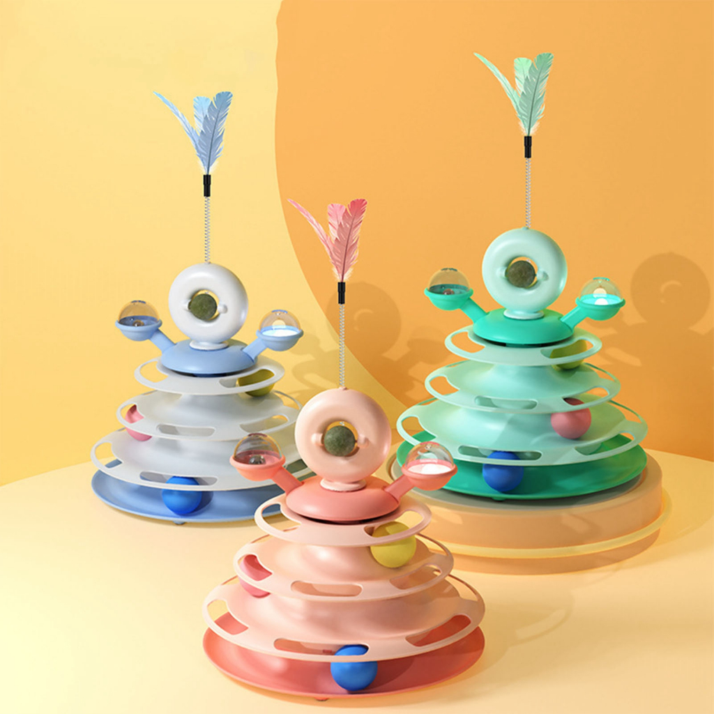 Tháp bóng 4 tầng cho mèo gắn lông vũ - Đồ chơi bàn xoay cho mèo giảm stress thư giãn cho thú cưng