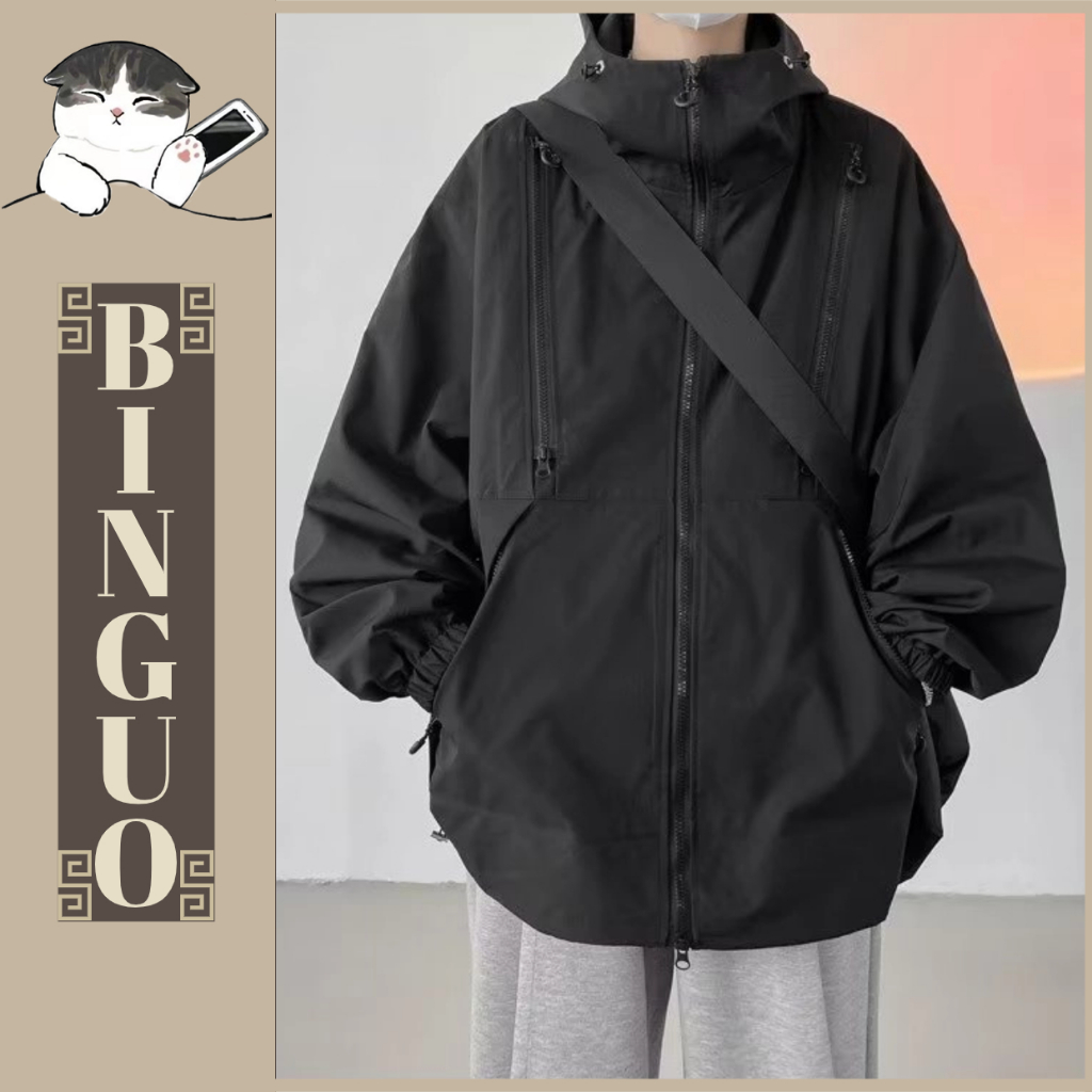 áo khoác form rộng dù 2 lớp unisex Thời Trang Hàn Quốc Phối Đồ Đa Năng áo khoác jacket đen Phụ kiện khóa kéo đôi ở vai Túi lớn ẩn áo khoá có mũ