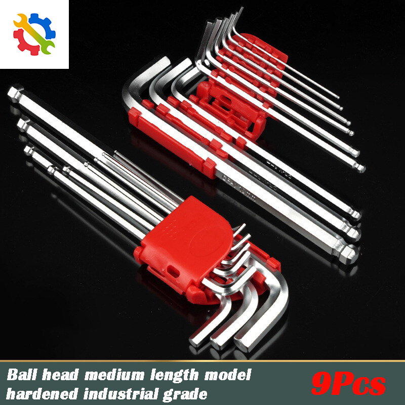 Bộ lục giác mạ crom dài vừa phải 9 món với đầu bi lục giác cứng cờ lê hình chữ L