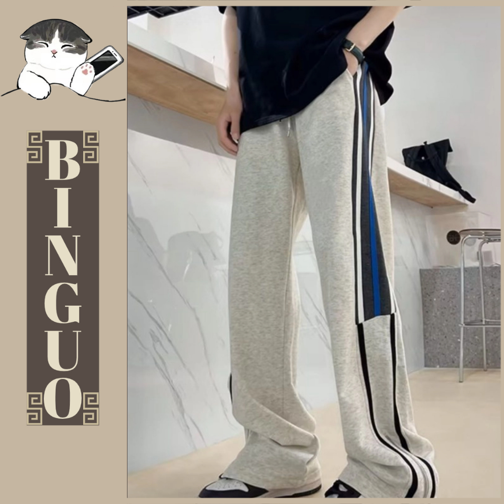 Quần ống rộng Phối Màu Tương Phản Thời Trang Đường Phố Kiểu dáng dành học sinh quần chun Cao Cấp Cho Cặp Đôi Thiết kế sọc ngang quần tây hàn quốc