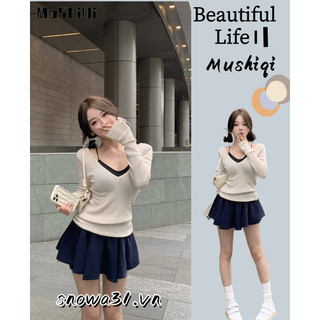 Mushiqi Áo Len Tay Dài Cổ Chữ v Ôm Dáng Phong Cách Hàn Quốc Thời Trang Cho Nữ