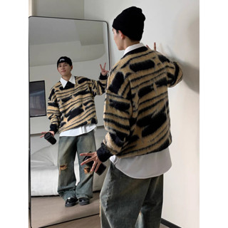 Zenithrose Áo Len Nam Mỹ Retro Cao Cấp Phong Cách Lười Tương Phản Họa Tiết Ngựa Vằn Rời Cổ Tròn Áo Len