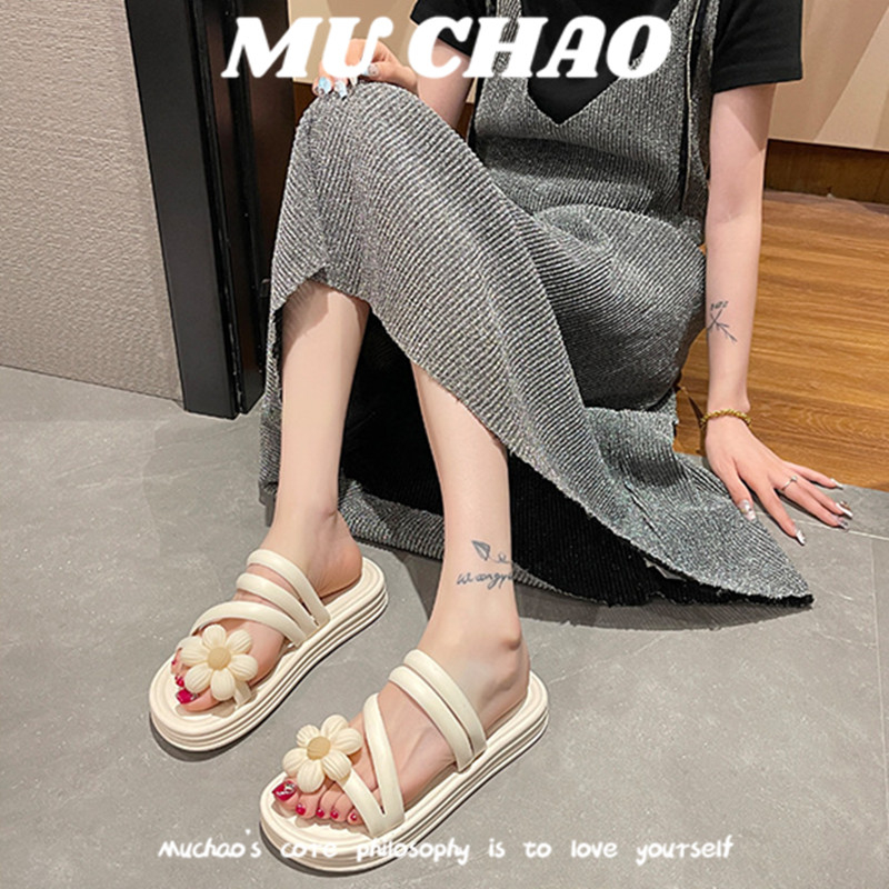 MUCHAO Dép Sandal Đế Bằng Dày Dặn Thắt Nơ Xinh Xắn Thời Trang Cho Nữ