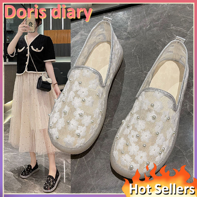 【Doris diary】Giày Lười Vải Ren Đế Bằng Thoáng Khí Chống Trượt Phong Cách Hàn Quốc Thời Trang Cho Nữ