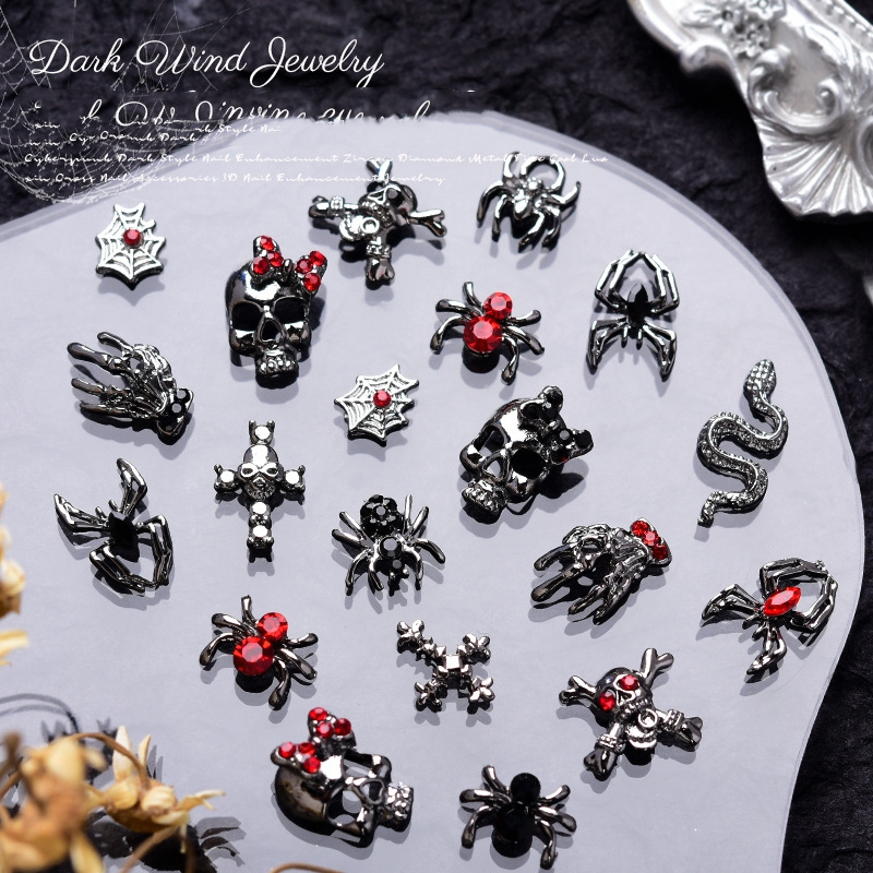 Net red Móng Tay Giả Kim Loại Màu Đỏ Đen Hình Xương Nhện Thánh Giá Hóa Trang halloween