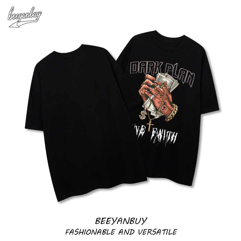 Áo thun nam BEEYANBUY Y0429 100% cotton màu đen cổ tròn tay lỡ unisex ulzzang