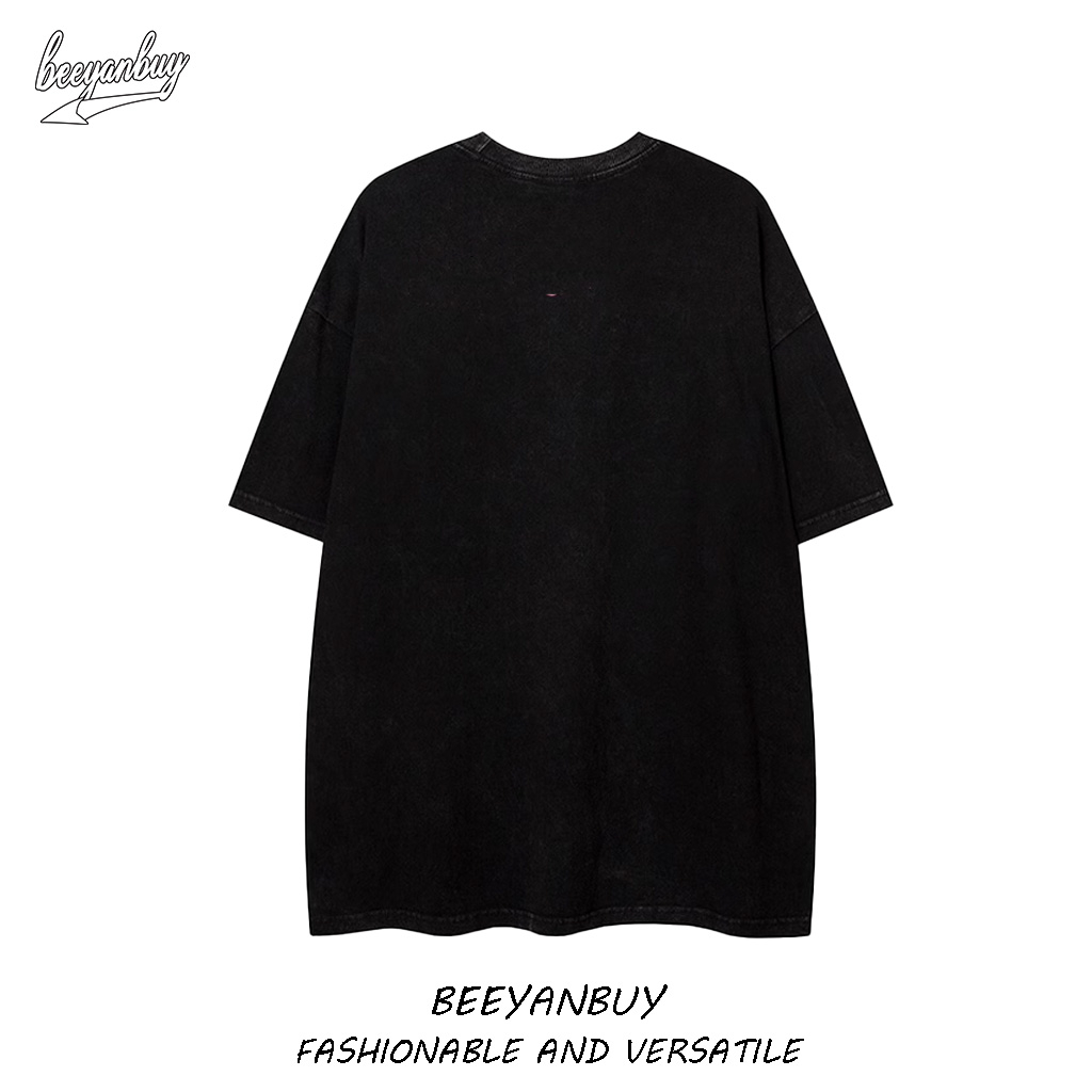 Áo thun nam BEEYANBUY Y0429 100% cotton màu đen cổ tròn tay lỡ unisex ulzzang