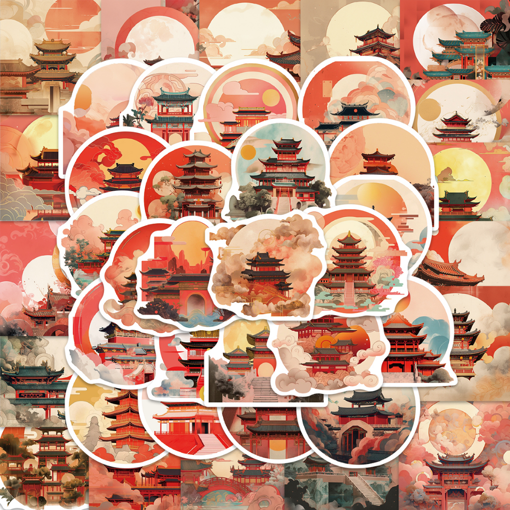 Bộ 50 Miếng Dán Chống Thấm Nước Phong Cách Trung Hoa Độc Đáo Trang Trí Ván Trượt / Va Li / laptop / Xe Hơi