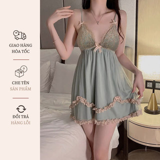 Váy ngủ sexy ren xuyên thấu mềm mại tặng Đầm ngủ 2 dây gợi cảm có gọng ngực Váy ngủ xuyên thấu sexy phối ren chéo lưng tặng quần chíp