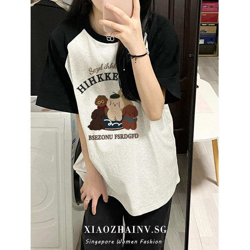 Xiaozhainv Áo Thun Raglan Tay Ngắn Dáng Rộng In Họa Tiết Hoạt Hình Thời Trang Mùa Hè Cho Nữ