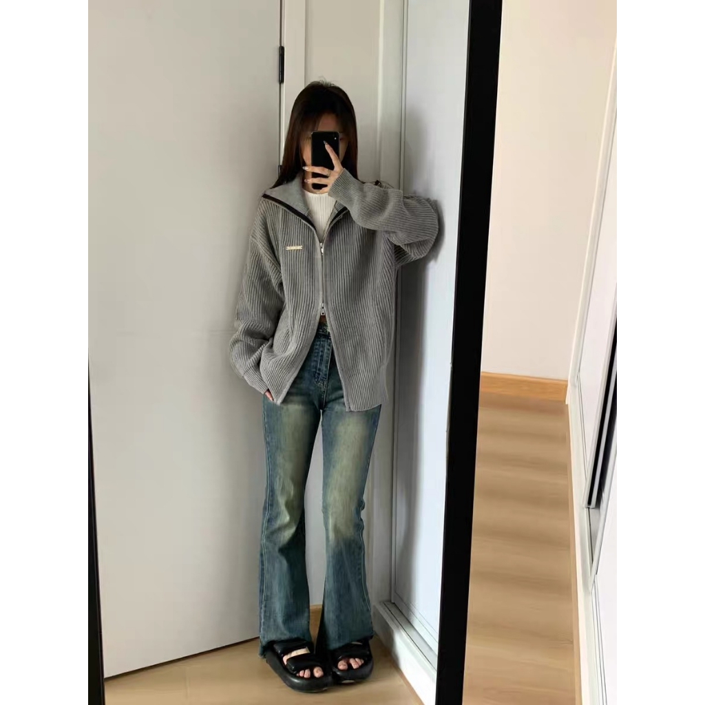 Áo Khoác cardigan Dệt Kim Tay Dài Dáng Rộng Lưng Trần Thời Trang Cho Nữ