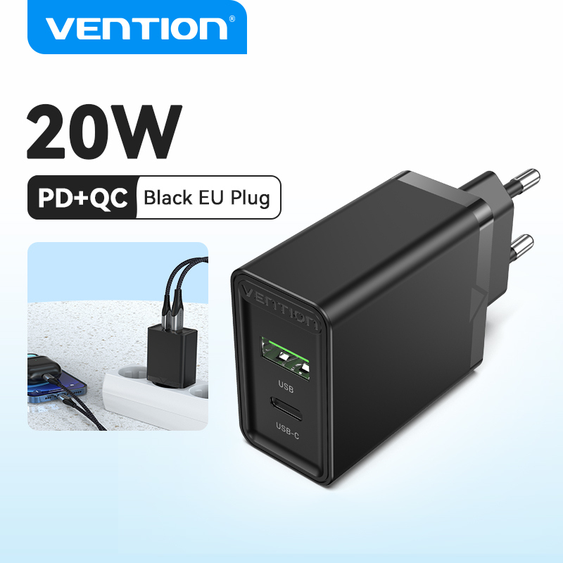 Cốc sạc nhanh Vention treo tường hai cổng USB A 18W USB C 20W PD3.0 QC3.0 cho Samsung
