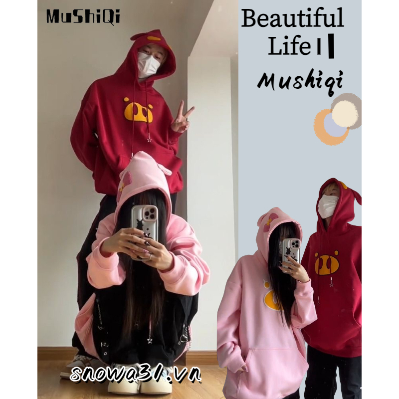 Mushiqi Áo Khoác Hoodie Dáng Rộng In Hình Chú Heo Dễ Thương Cho Cặp Đôi