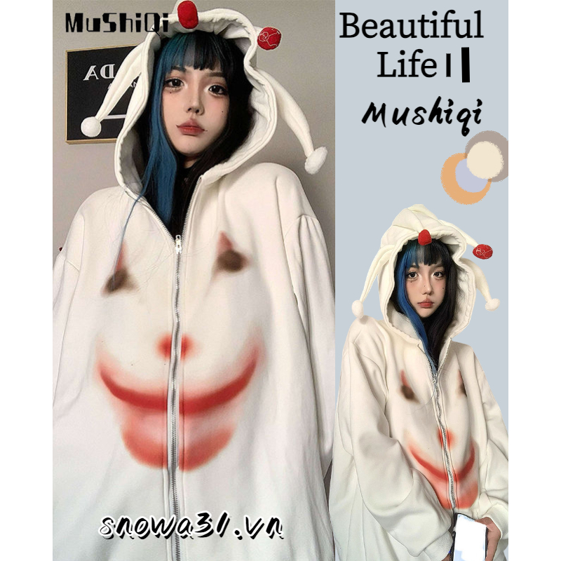 Mushiqi Áo Khoác Hoodie Dáng Rộng Có Khóa Kéo Phong Cách retro Mỹ Thời Trang Cho Nữ